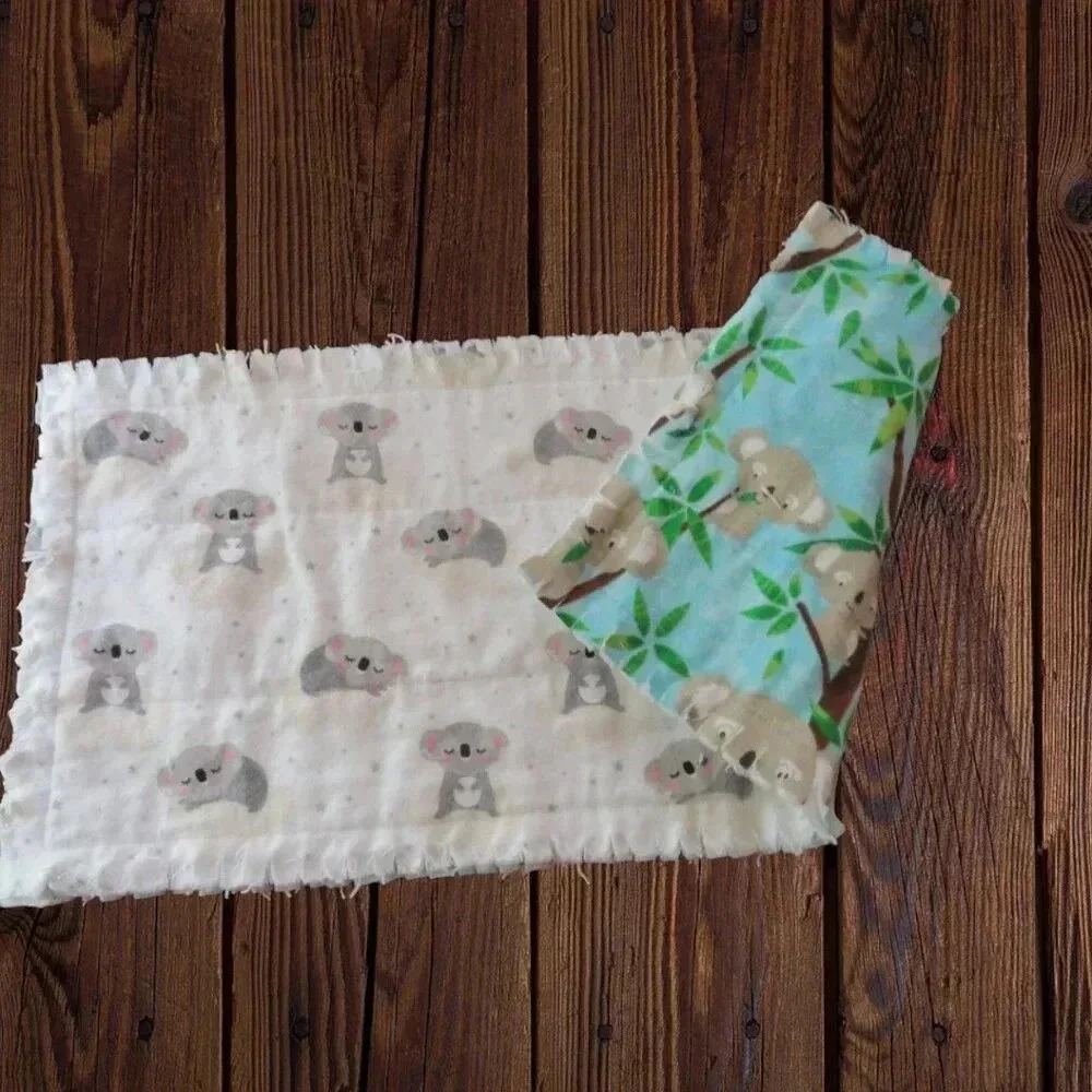 Burp Cloth, Flannel Rag Quilt Style, Reversible Koala Bears, Set of 4